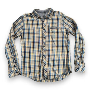 Ocean Current Shirt Adult MEDIUM Blue Yellow Plaid Gingham Cotton Button Up